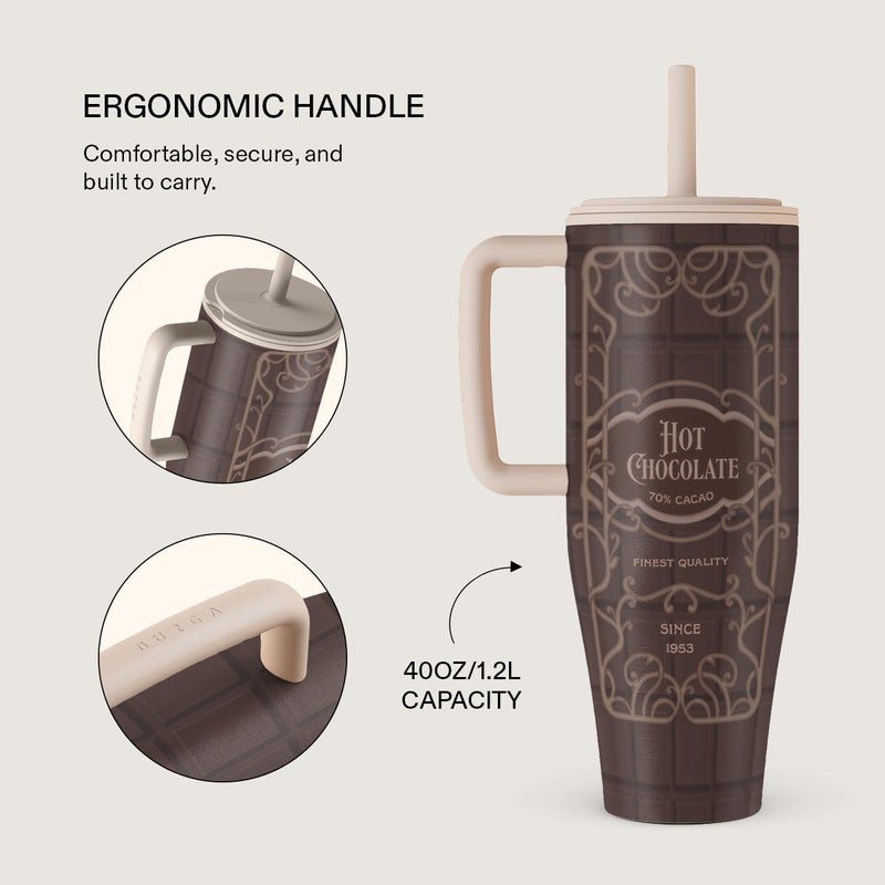 Burga 40oz (1.2L) Insulated Stainless Steel Tumbler with Handle & Leakproof Straw Lid – Double Wall Vacuum Travel Mug, Keeps Drinks Hot up to 12 Hours & Cold All Day, Cup Holder Friendly Reusable Bottle Hot Chocolate - Image 2